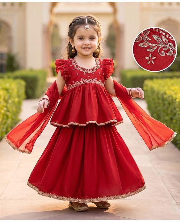Babyhug Woven Half Sleeves Floral Embroidered Choli & Lehenga Set With Dupatta - Red