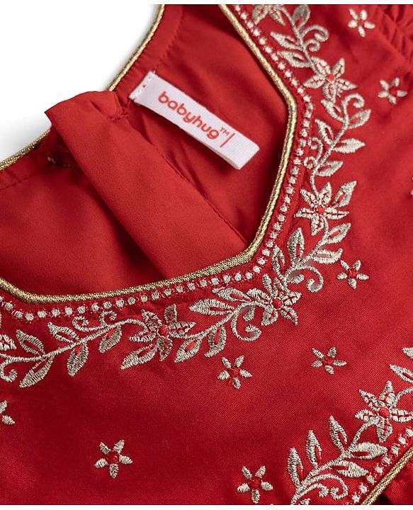 Babyhug Woven Half Sleeves Floral Embroidered Choli & Lehenga Set With Dupatta - Red