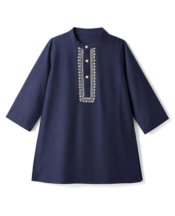 Babyhug Woven Full Sleeves Solid Kurta Pyjama Set With Velvet Thread Embroidered Jacket - Navy Blue