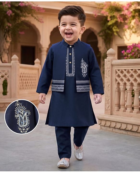 Babyhug Woven Full Sleeves Solid Kurta Pyjama Set With Velvet Thread Embroidered Jacket - Navy Blue