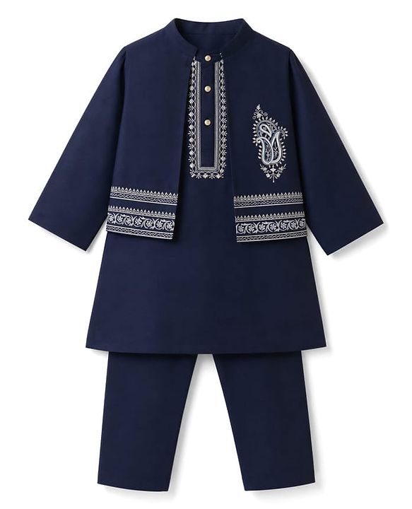 Babyhug Woven Full Sleeves Solid Kurta Pyjama Set With Velvet Thread Embroidered Jacket - Navy Blue