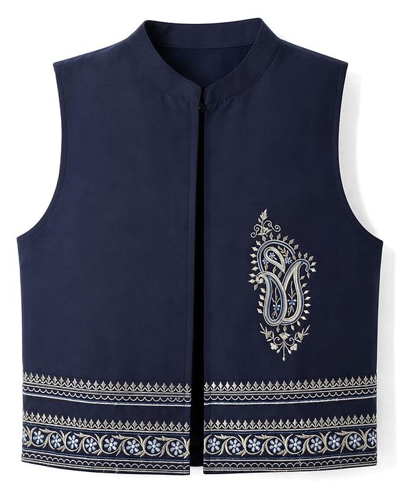 Babyhug Woven Full Sleeves Solid Kurta Pyjama Set With Velvet Thread Embroidered Jacket - Navy Blue