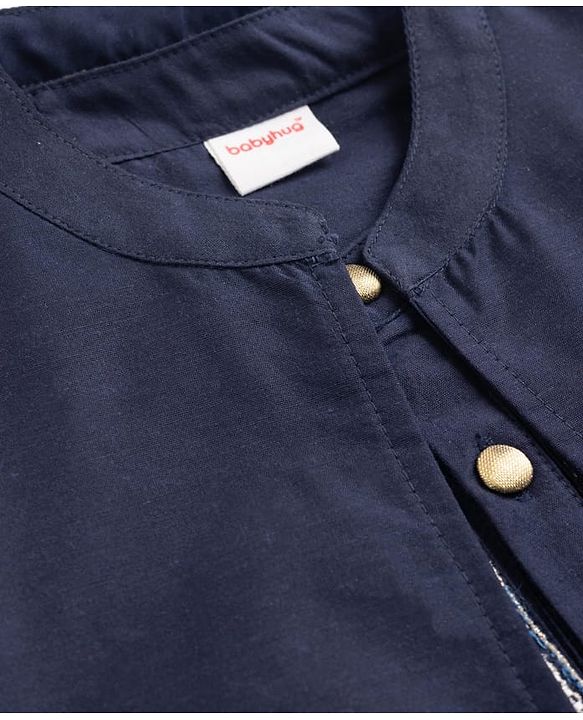 Babyhug Woven Full Sleeves Solid Kurta Pyjama Set With Velvet Thread Embroidered Jacket - Navy Blue
