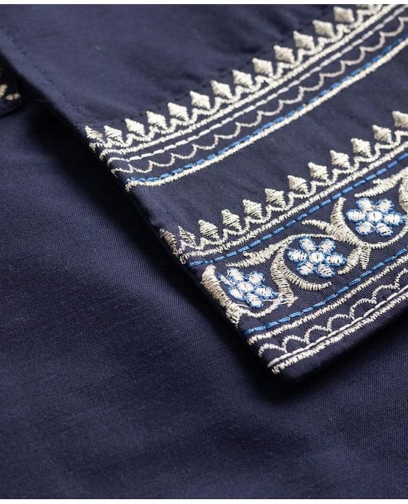 Babyhug Woven Full Sleeves Solid Kurta Pyjama Set With Velvet Thread Embroidered Jacket - Navy Blue