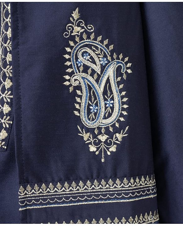 Babyhug Woven Full Sleeves Solid Kurta Pyjama Set With Velvet Thread Embroidered Jacket - Navy Blue