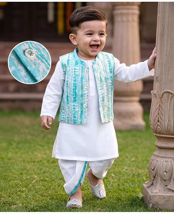 Babyhug Cambric Woven Dhoti Kurta Set and Jacket with Full Sleeves and Striped Print - White