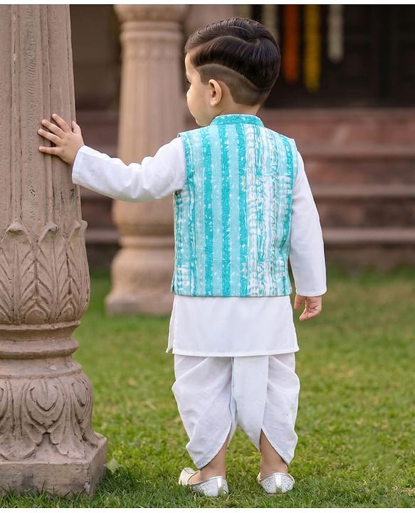 Babyhug Cambric Woven Dhoti Kurta Set and Jacket with Full Sleeves and Striped Print - White