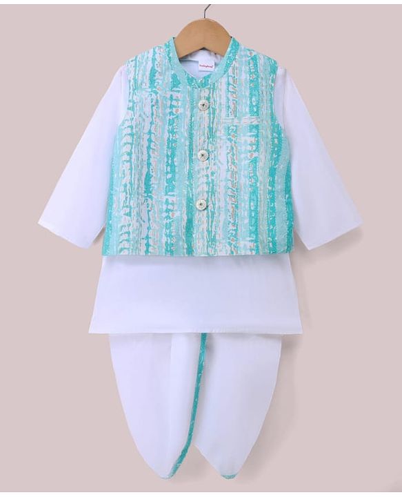 Babyhug Cambric Woven Dhoti Kurta Set and Jacket with Full Sleeves and Striped Print - White
