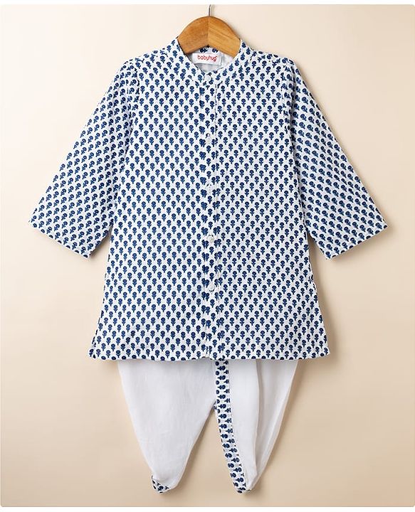 Babyhug 100% Cotton Cambric Woven Full Sleeves Front Open Kurta & Dhoti Set with Floral Print in Blue