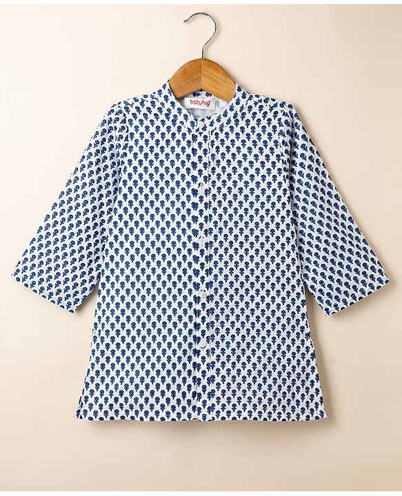 Babyhug 100% Cotton Cambric Woven Full Sleeves Front Open Kurta & Dhoti Set with Floral Print in Blue