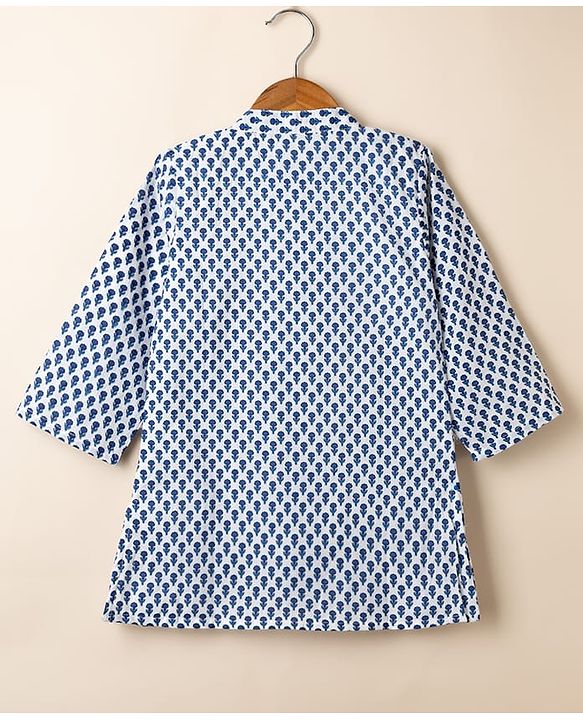 Babyhug 100% Cotton Cambric Woven Full Sleeves Front Open Kurta & Dhoti Set with Floral Print in Blue