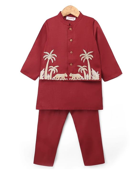 Babyhug Rayon Woven Full Length SOLID Kurta & Pyjama Set With Palm Tree Embroidered Jacket - Maroon