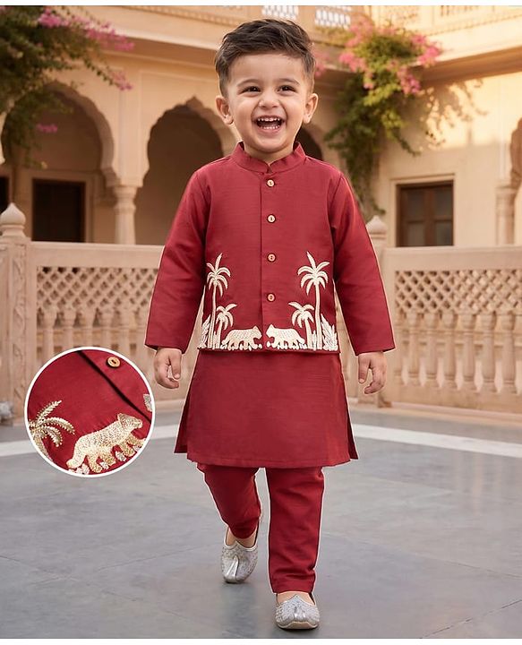 Babyhug Rayon Woven Full Length SOLID Kurta & Pyjama Set With Palm Tree Embroidered Jacket - Maroon