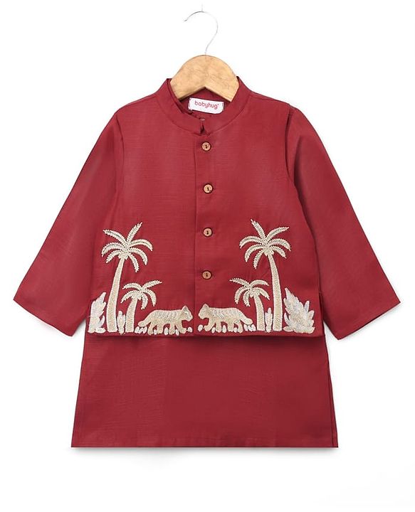 Babyhug Rayon Woven Full Length SOLID Kurta & Pyjama Set With Palm Tree Embroidered Jacket - Maroon
