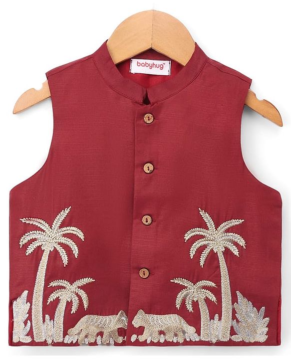 Babyhug Rayon Woven Full Length SOLID Kurta & Pyjama Set With Palm Tree Embroidered Jacket - Maroon