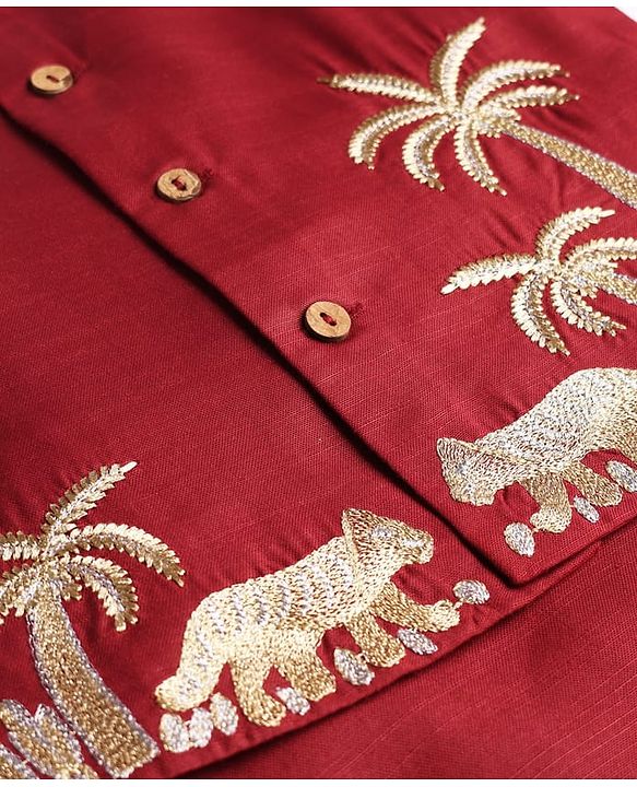 Babyhug Rayon Woven Full Length SOLID Kurta & Pyjama Set With Palm Tree Embroidered Jacket - Maroon