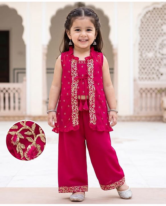 Babyhug Georgett Woven Sleeveless Floral Embroidered Top Palazo and Jacket Set - Hot Dark Pink