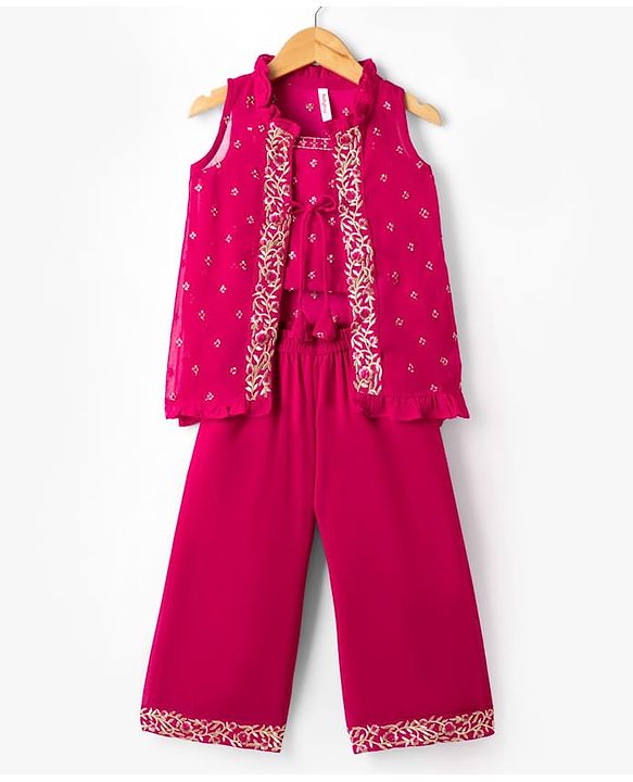 Babyhug Georgett Woven Sleeveless Floral Embroidered Top Palazo and Jacket Set - Hot Dark Pink