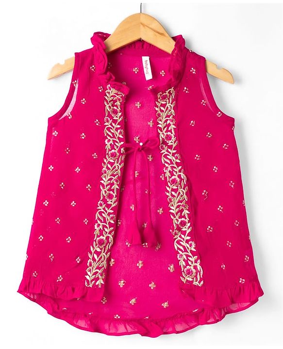 Babyhug Georgett Woven Sleeveless Floral Embroidered Top Palazo and Jacket Set - Hot Dark Pink