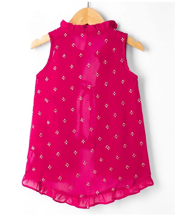 Babyhug Georgett Woven Sleeveless Floral Embroidered Top Palazo and Jacket Set - Hot Dark Pink