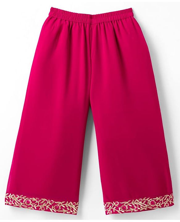 Babyhug Georgett Woven Sleeveless Floral Embroidered Top Palazo and Jacket Set - Hot Dark Pink