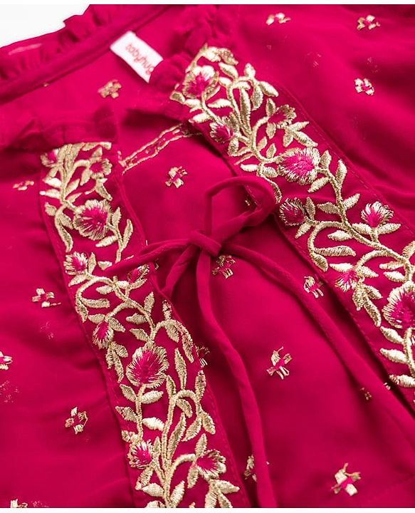 Babyhug Georgett Woven Sleeveless Floral Embroidered Top Palazo and Jacket Set - Hot Dark Pink