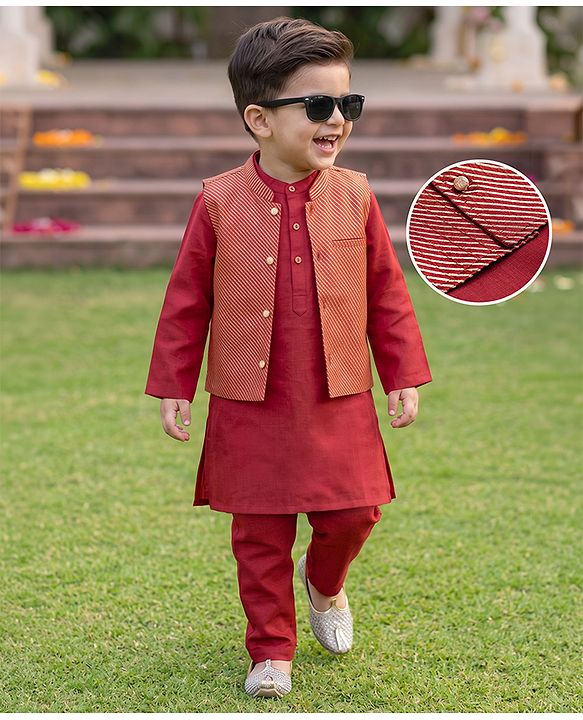Babyhug 100% Cotton Woven Full Sleeves Solid Colour Kurta Pajama Set with Brocade Nehru Jacket - Red