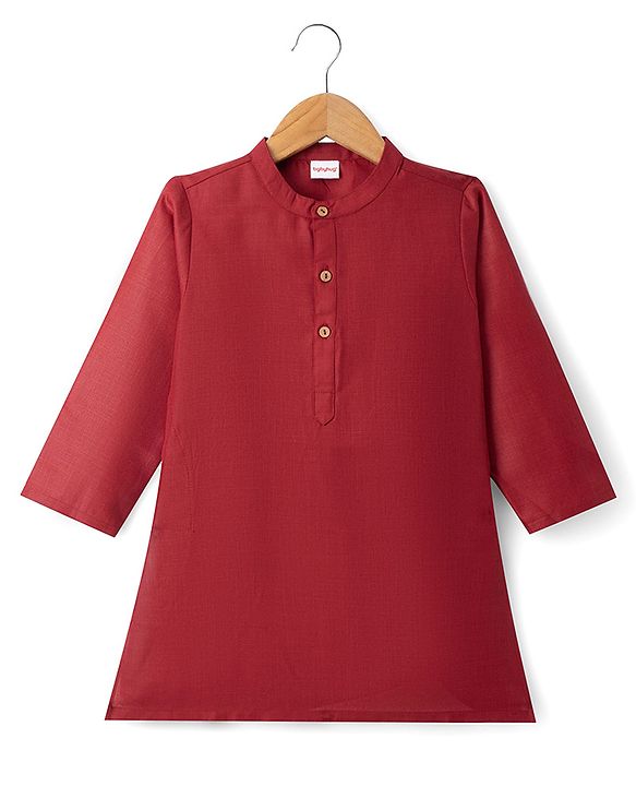 Babyhug 100% Cotton Woven Full Sleeves Solid Colour Kurta Pajama Set with Brocade Nehru Jacket - Red