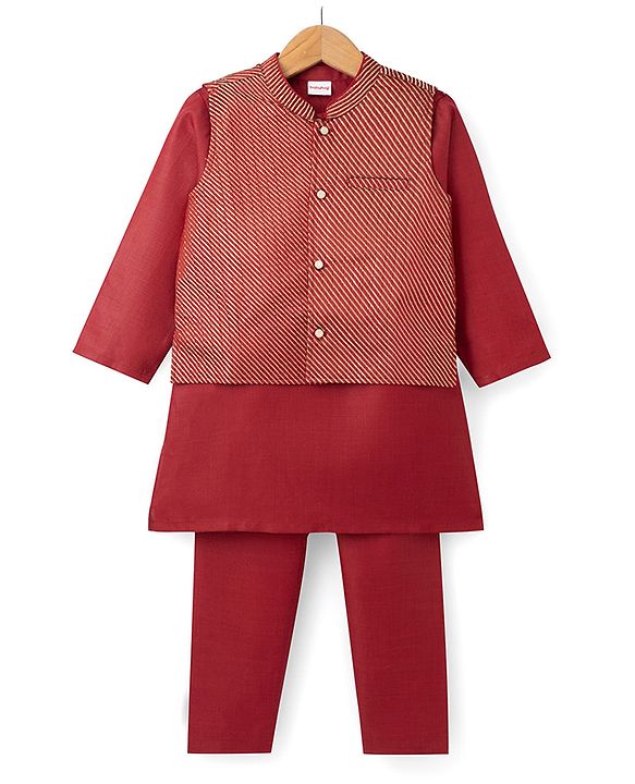 Babyhug 100% Cotton Woven Full Sleeves Solid Colour Kurta Pajama Set with Brocade Nehru Jacket - Red