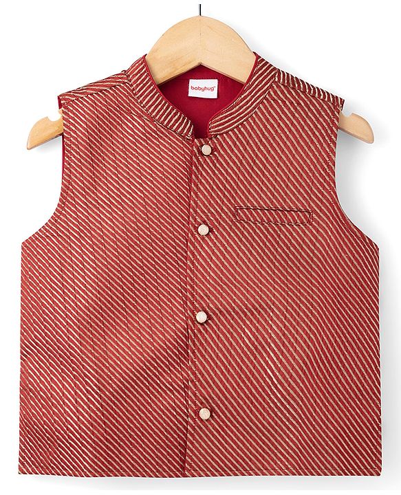 Babyhug 100% Cotton Woven Full Sleeves Solid Colour Kurta Pajama Set with Brocade Nehru Jacket - Red