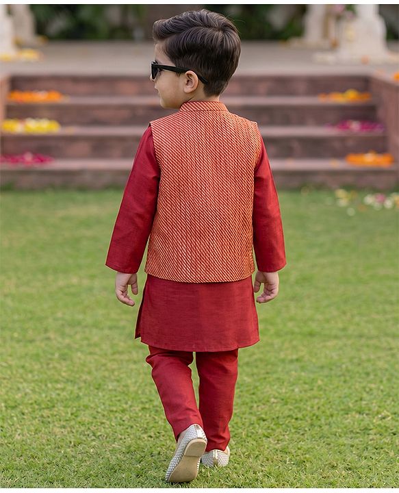 Babyhug 100% Cotton Woven Full Sleeves Solid Colour Kurta Pajama Set with Brocade Nehru Jacket - Red