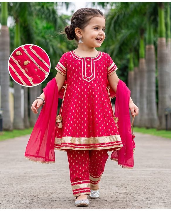 Babyhug Woven Floral Foil Printed Half Sleeves Kurti Churidar and Dupatta Set - Fuschia