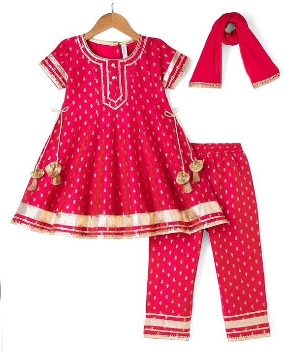 Babyhug Woven Floral Foil Printed Half Sleeves Kurti Churidar and Dupatta Set - Fuschia