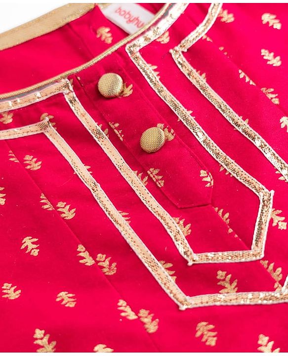 Babyhug Woven Floral Foil Printed Half Sleeves Kurti Churidar and Dupatta Set - Fuschia