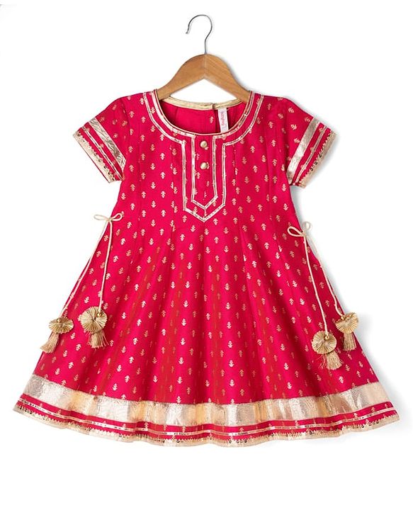 Babyhug Woven Floral Foil Printed Half Sleeves Kurti Churidar and Dupatta Set - Fuschia