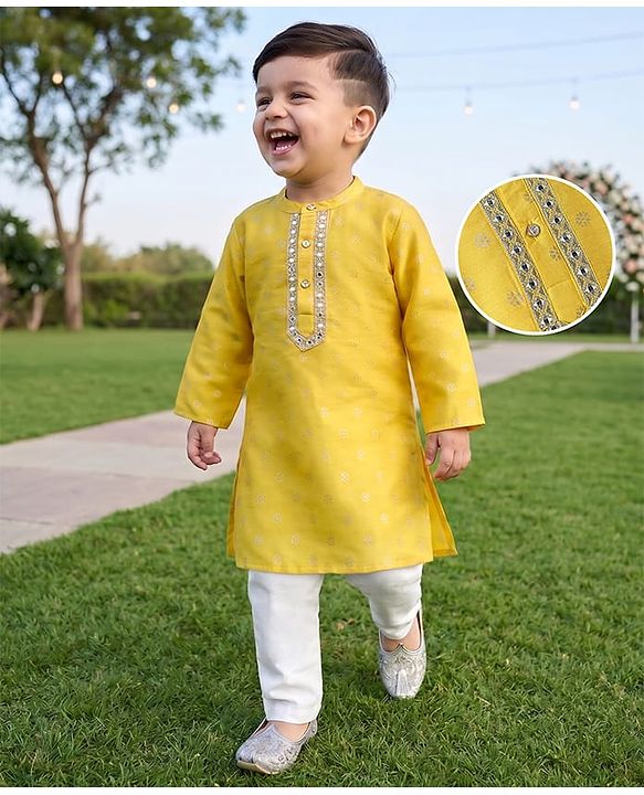 Babyhug Woven Full Sleeves Kurta Pajama Set with Floral Foil Print - Yellow