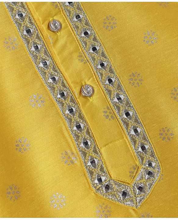 Babyhug Woven Full Sleeves Kurta Pajama Set with Floral Foil Print - Yellow