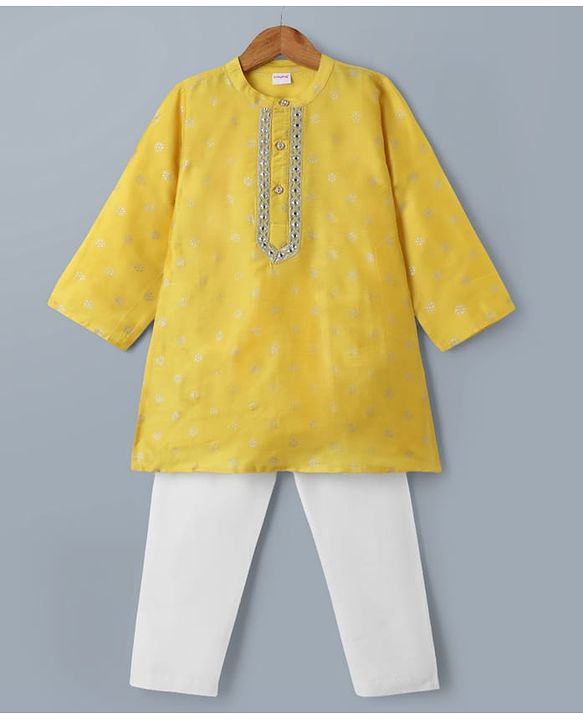 Babyhug Woven Full Sleeves Kurta Pajama Set with Floral Foil Print - Yellow