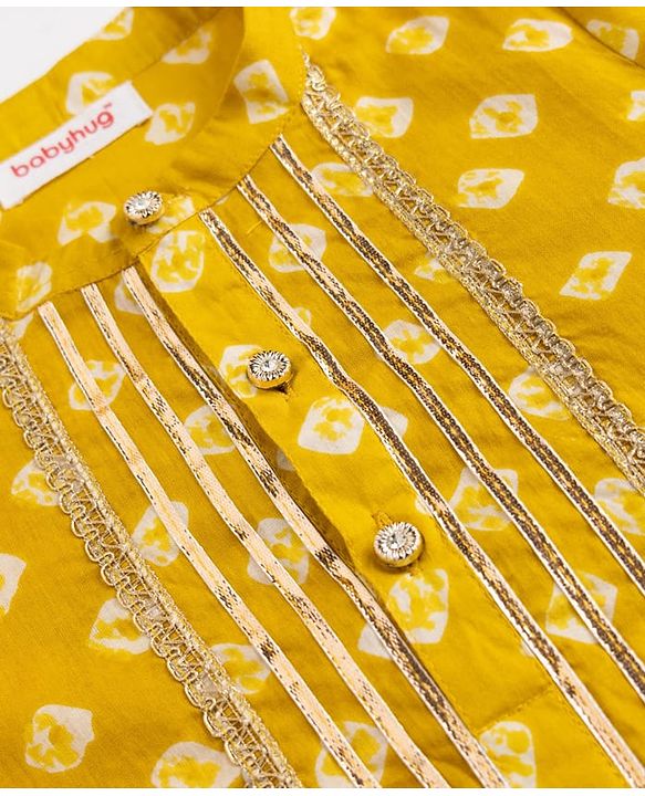 Babyhug 100% Cotton Woven Full Sleeves Printed Kurta & Pyjama Set With Lace Detailing - Lime Green
