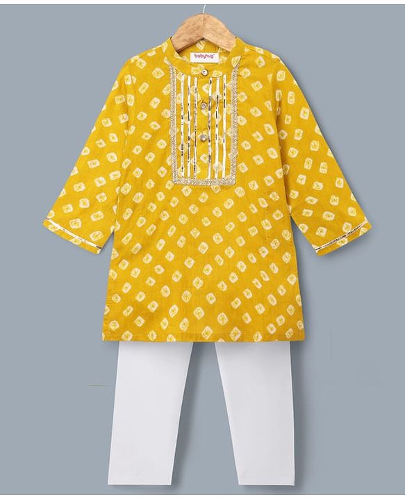 Babyhug 100% Cotton Woven Full Sleeves Printed Kurta & Pyjama Set With Lace Detailing - Lime Green