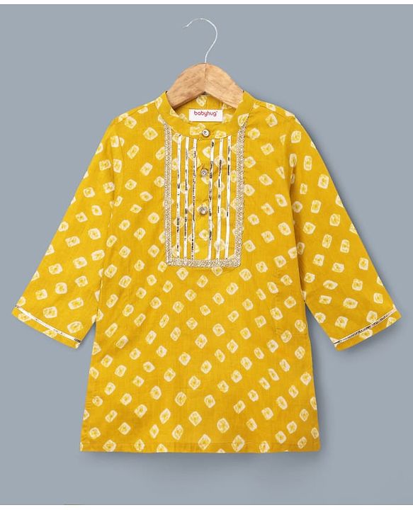 Babyhug 100% Cotton Woven Full Sleeves Printed Kurta & Pyjama Set With Lace Detailing - Lime Green