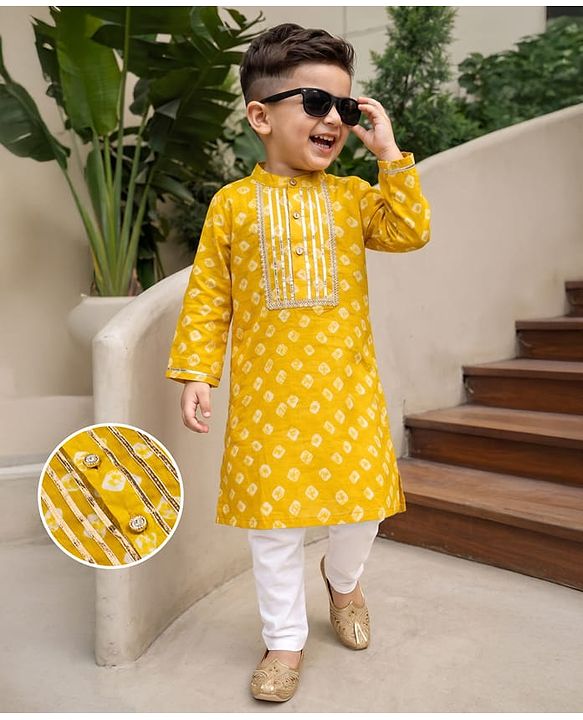 Babyhug 100% Cotton Woven Full Sleeves Printed Kurta & Pyjama Set With Lace Detailing - Lime Green