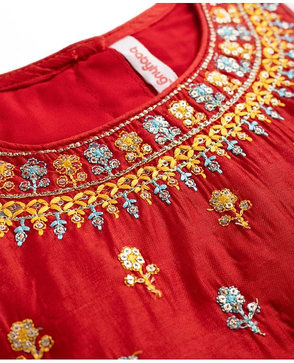 Babyhug Georgette Woven Sleeveless Sequinned & Floral Embroidered Choli Lehenga  and Dupatta Set - Red