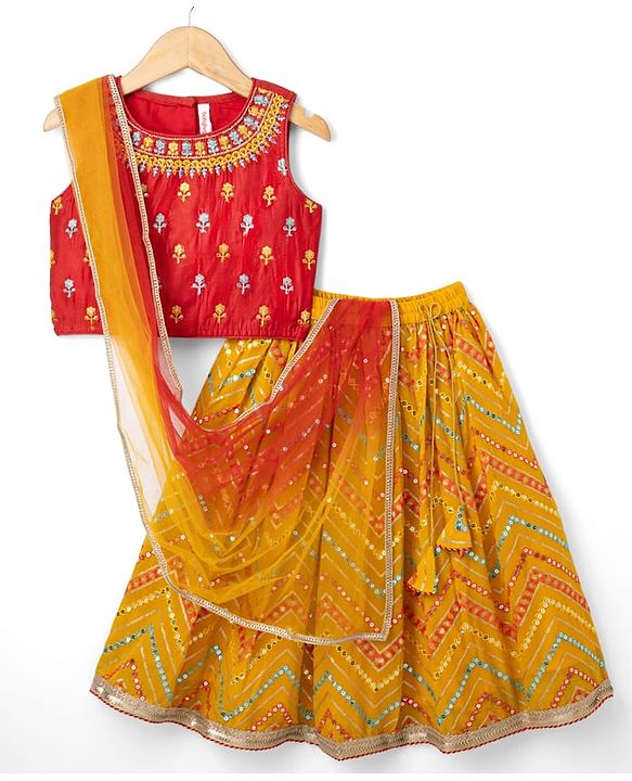 Babyhug Georgette Woven Sleeveless Sequinned & Floral Embroidered Choli Lehenga  and Dupatta Set - Red