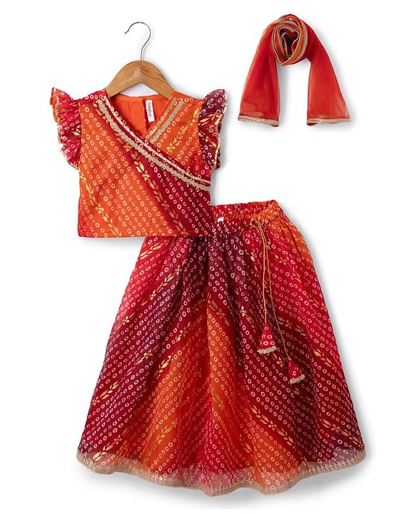 Babyhug Woven Sleeveless Kotta Foil Floral Printed Lehenga Choli & Dupatta Set - Orange