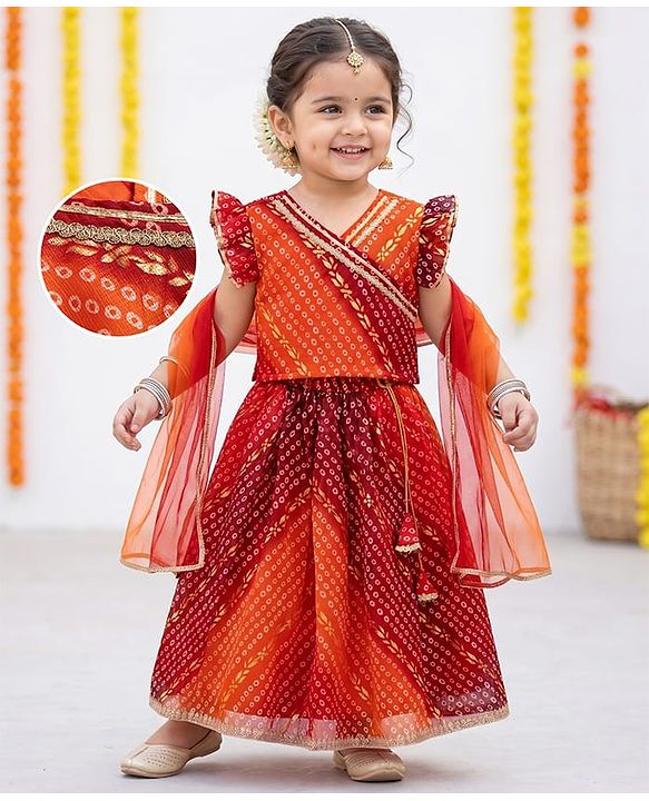 Babyhug Woven Sleeveless Kotta Foil Floral Printed Lehenga Choli & Dupatta Set - Orange
