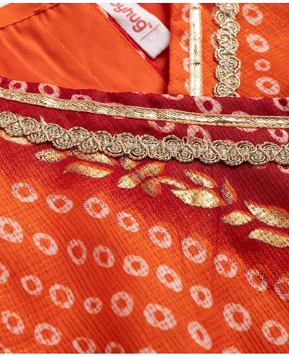 Babyhug Woven Sleeveless Kotta Foil Floral Printed Lehenga Choli & Dupatta Set - Orange