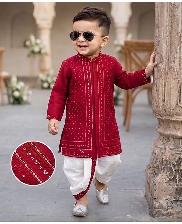 Babyhug Woven Full Sleeves Sequinned Kurta Dhoti Set - Red