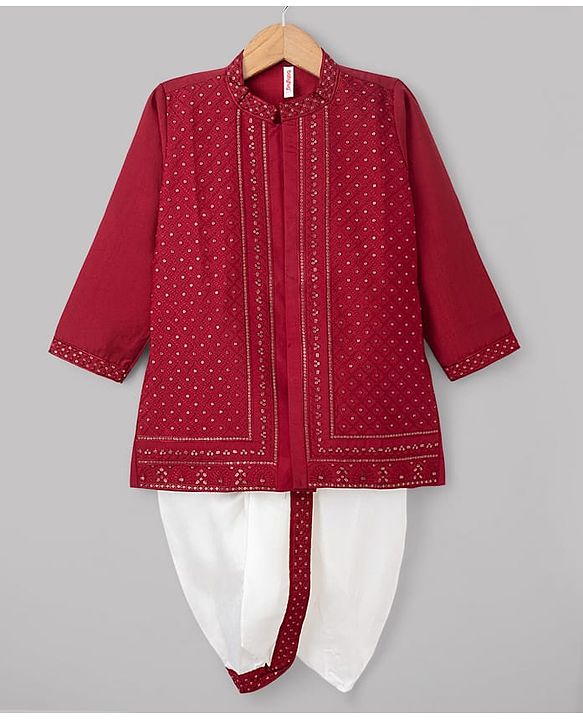 Babyhug Woven Full Sleeves Sequinned Kurta Dhoti Set - Red