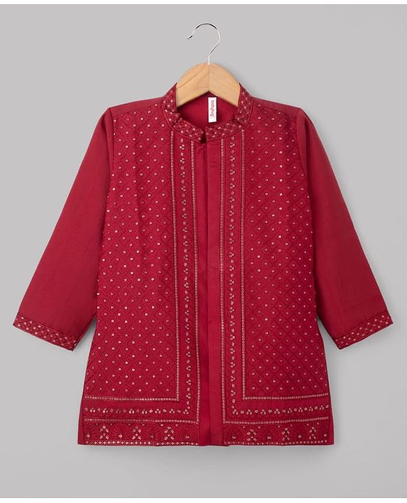 Babyhug Woven Full Sleeves Sequinned Kurta Dhoti Set - Red